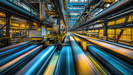 This vibrant industrial image showcases a dynamic factory environment with colorful lights and abstract motion effects, representing modern manufacturing processes.の素材