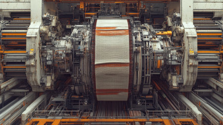 This image showcases an intricate industrial machinery component featuring large circular parts and interlocking gears, embodying advanced engineering and manufacturing processes.の素材