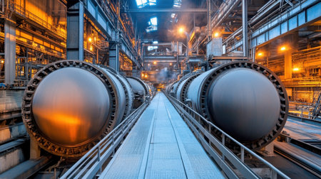 A dynamic industrial interior scene of a large manufacturing facility. It showcases impressive machinery and steel infrastructure bathed in vibrant light, emphasizing the scale and complexity of modern production.の素材