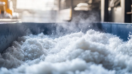 A close-up view of a fluffy white texture with vapor rising in an industrial kitchen, showcasing the beauty of culinary preparation and the art of cooking.の素材