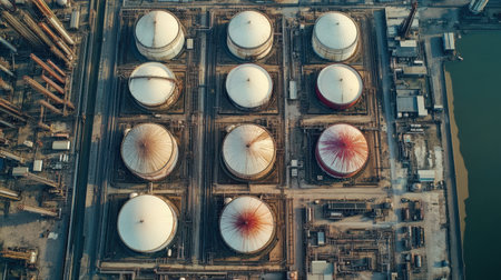A stunning aerial view showcases a modern industrial refinery featuring multiple oil storage tanks, intricate piping, and surrounding infrastructure.の素材