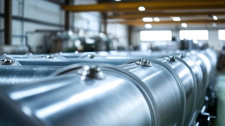 An industrial setting features large storage tanks made of metal, showcasing a sleek design within a modern warehouse atmosphere, emphasizing efficient operations.の素材