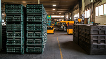A spacious industrial warehouse featuring stacked plastic pallets, organized and ready for use. The interior showcases machinery and effective lighting for optimal workflow.の素材