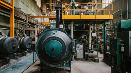 Captured inside a manufacturing facility, this image showcases industrial machinery and processing systems contributing to efficient production and workflow.の素材