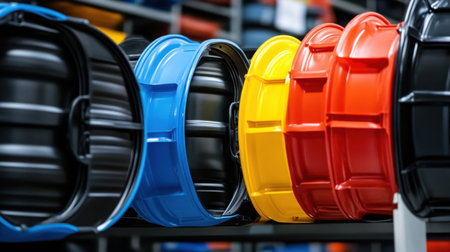 A vibrant collection of colorful plastic buckets displayed in a modern workspace. Each bucket offers durability and versatility for various storage needs.の素材