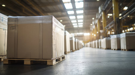 Empty warehouse featuring stacked cardboard boxes on wooden pallets. Natural light filters through windows, creating a vibrant ambiance in this storage space.の素材