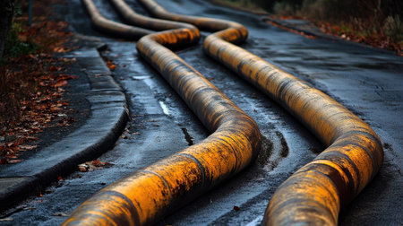 This image features long industrial pipes running along a wet road, accentuated by autumn leaves. The gloomy atmosphere and contrasting colors add depth and intrigue.の素材