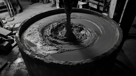 A black and white image capturing the intricate process of blending a wet concrete mixture in an industrial workshop. The hand tool creates a swirling motion in the container.の素材