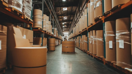 An expansive view of a warehouse showcasing neatly stacked cardboard rolls on shelves, bathed in natural light, perfect for showcasing logistics and storage solutions.の素材