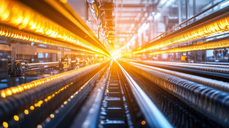 A striking view of an industrial conveyor belt illuminated by bright lights, showcasing the essence of modern manufacturing and efficient production processes.の素材