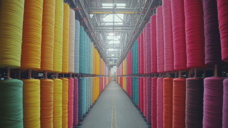 A stunning view inside a textile warehouse showcasing colorful spools of thread lined up neatly, creating a vibrant and artistic atmosphere.の素材