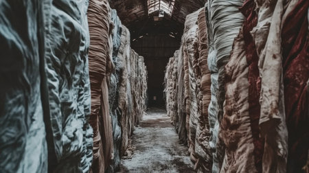 Discover the haunting beauty of an abandoned warehouse, featuring stacks of fabric rolls in soft hues, drenched in the gentle light that filters through.の素材