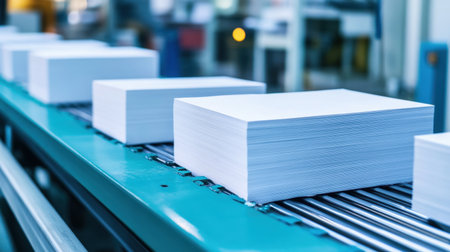 Blank paper stacks are transported smoothly on a conveyor belt in a modern printing factory, showcasing the advanced automation in manufacturing processes.の素材