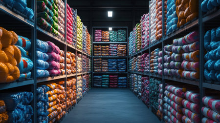 A vibrant yarn warehouse showcasing neatly arranged rolls of colorful textiles in an organized aisle. Ideal for crafting and textile projects.の素材