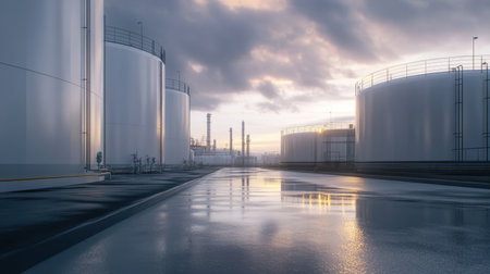 A striking industrial landscape featuring large oil storage tanks reflecting on wet ground under a moody sky. The scene captures modern refinery technology against a dramatic backdrop.の素材