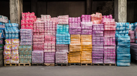 Vibrant bales of textiles in various colors arranged methodically within a warehouse. This image showcases organized storage, ideal for visual merchandising and trade.の素材