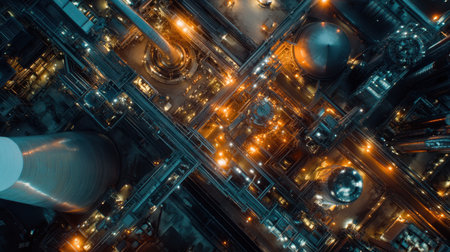 This overhead shot captures a vibrant industrial complex at night, showcasing intricate machinery and illuminated structures, emphasizing the sophistication of modern manufacturing.の素材