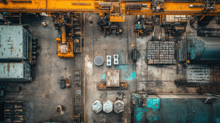 Captivating aerial perspective of an industrial site showcasing arranged machinery and structures, providing insight into operational logistics and urban infrastructure.の素材