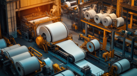 A vibrant industrial production scene showcasing large paper rolls processed by advanced machinery in a modern manufacturing facility.の素材