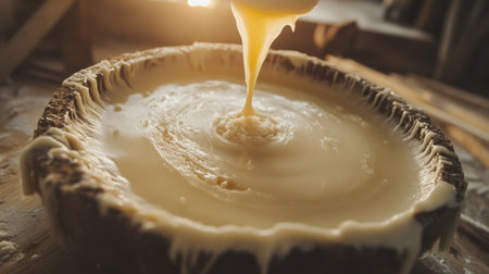 A captivating close-up captures a creamy mixture being poured into a rustic bowl, beautifully illuminated by natural light, emphasizing the texture and rich colors.の素材