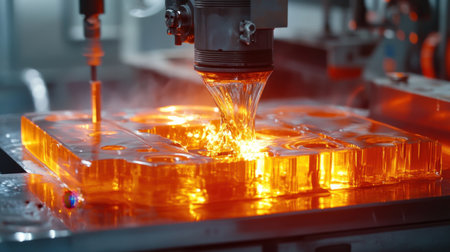 This dynamic image captures the intricate CNC milling process on a clear acrylic block, showcasing the interaction of cutting fluid and thermal effects, set in a modern workshop.の素材