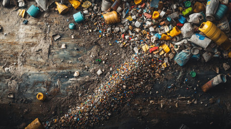 Aerial view of plastic waste scattered on an urban surface, highlighting the critical issues of pollution and environmental degradation.の素材