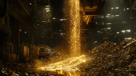 This captivating image depicts a flow of glowing liquid gold cascading from industrial machinery in a spacious warehouse, illuminating the surroundings with shimmering particles.の素材