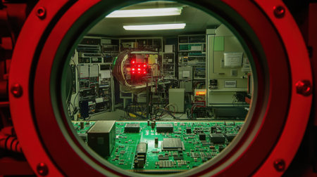 A captivating view showcasing a green circuit board with intricate details and a backdrop of advanced laboratory equipment illuminated by red light.の素材