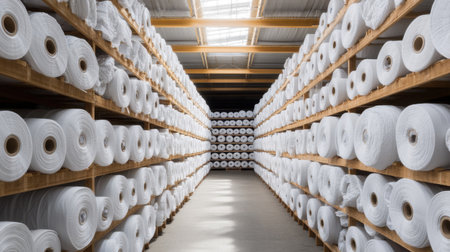 A spacious warehouse featuring neatly organized rolls of white fabric stored on wooden shelves, creating a clean and efficient industrial environment.の素材