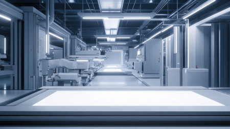 A sleek, high-tech robotics workstation showcases cutting-edge equipment in a modern manufacturing facility. The clean and efficient design highlights innovation in automation and industrial processes.の素材