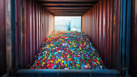 A vivid view of a shipping container filled with colorful plastic waste highlights the challenges of recycling in the modern world. This image emphasizes the importance of waste management practices and encourages awareness of environmental issues related to plastic pollution.の素材
