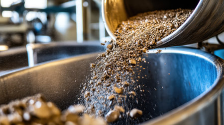 An artistic view of raw ingredients being poured from a metal container into a processing machine, showcasing the intricate details of food production.の素材