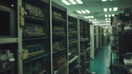 A nostalgic view of a vintage electronics laboratory featuring rows of circuit boards and machinery, highlighting the evolution of technology and design.の素材