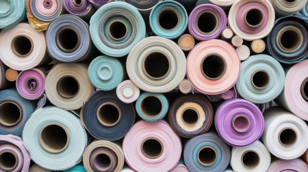 An array of colorful fabric rolls stacked closely together, showcasing various textures and hues, perfect for crafting and design projects.の素材