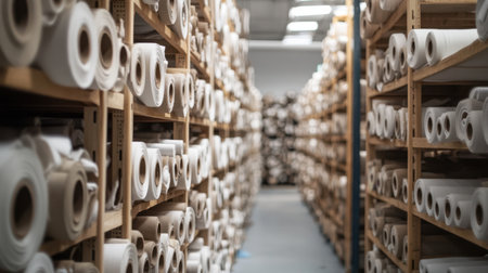 A spacious warehouse filled with neatly arranged rolls of white paper on wooden shelves. This image captures the organized environment of craft supplies and materials, showcasing the potential for creativity and design.の素材