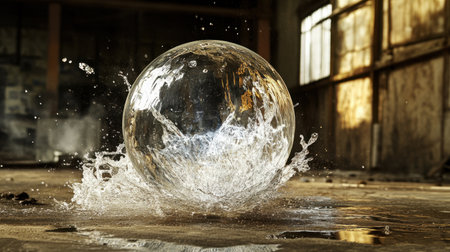A stunning image capturing a crystal clear sphere creating an impressive splash of water in an abandoned industrial setting, highlighting light and texture.の素材