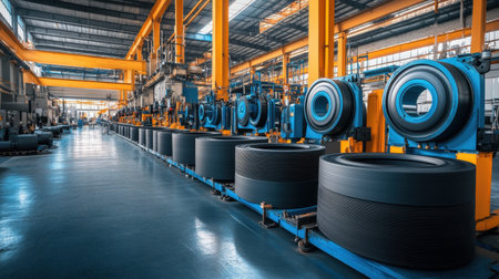 This image showcases a modern tire manufacturing facility featuring advanced machinery and a streamlined production line amidst a spacious industrial environment.の素材