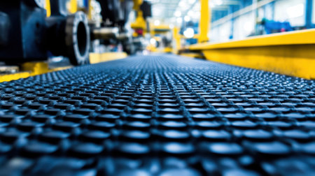 This image showcases an industrial conveyor belt in a manufacturing facility, highlighting the intricate surface and surrounding machinery for production efficiency.の素材