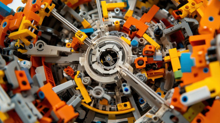 This close-up image showcases a vibrant arrangement of interlocking building blocks, emphasizing creativity and engineering in design projects. The intricate details and colors invite exploration and inspiration.の素材