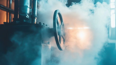 Industrial machinery features a prominent valve wheel shrouded in steam, set against a softly lit factory background, enhancing the mechanical atmosphere.の素材