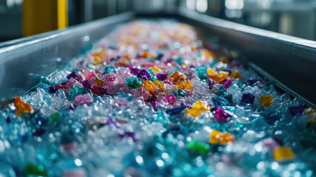 A vibrant array of colorful plastic fragments flows along a conveyor belt in a recycling facility, illustrating the waste management process and material sorting.の素材
