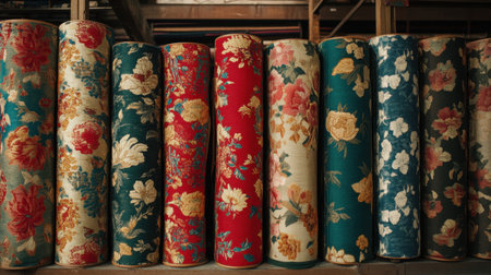 A vibrant collection of vintage fabric rolls showcases exquisite floral patterns and rich colors, perfect for designers seeking inspiration in textiles.の素材
