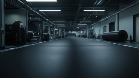 A wide-angle view of an industrial manufacturing facility featuring dark floors and advanced machinery. The image highlights a clean and organized workspace perfect for showcasing modern industrial processes.の素材