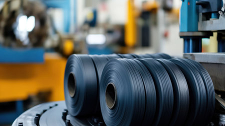 This image showcases the industrial production of black rubber rolls within a modern factory setting, highlighting advanced machinery and manufacturing processes.の素材