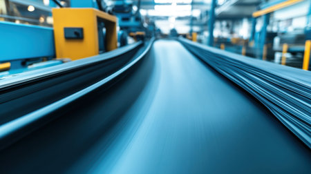 A dynamic view of an industrial conveyor belt in motion, illustrating efficient production processes in a modern manufacturing facility filled with advanced technology.の素材