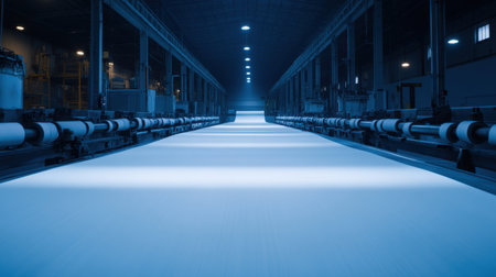 A spacious industrial manufacturing facility featuring advanced machinery and bright lighting. The scene showcases a smooth workflow, emphasizing modern technology and efficiency in production processes.の素材