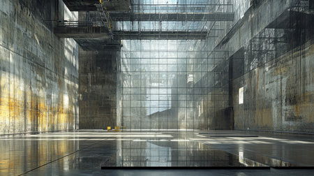 This image captures a vast industrial space characterized by transparent walls and natural light, creating a serene atmosphere filled with reflections.の素材