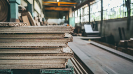 A serene view of neatly stacked wooden planks in a well-lit carpentry workshop, showcasing the craftsmanship and industrial environment. The natural light enhances the wooden texture and highlights the organized workspace, reflecting the artistry of woodworking.の素材