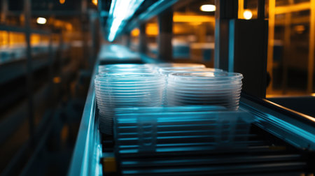 This image captures a modern warehouse scene showcasing clear plastic containers on a conveyor system, enhanced by blue ambient lighting.の素材
