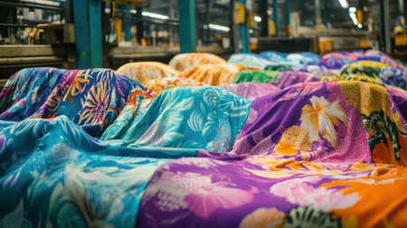 A large industrial warehouse filled with colorful fabrics featuring vibrant patterns, showcasing the beauty and variety of textile design in production.の素材